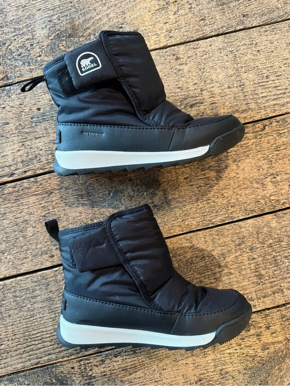Worn twice! Unisex Sorel Kids Black and White Waterproof Winter Boots